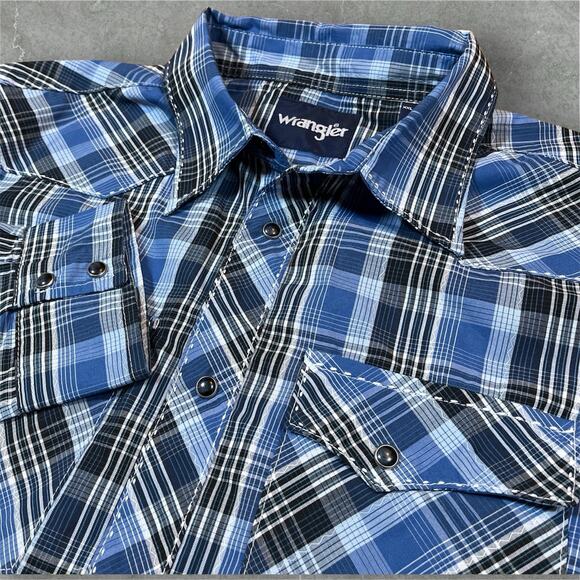Wrangler XXL Western Shirt Blue Plaid Black Pearl Snap Long Sleeve Cowboy Rodeo - Picture 1 of 8